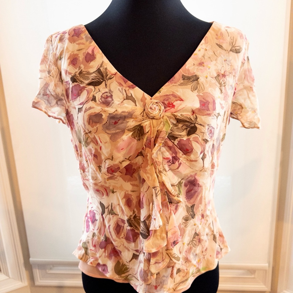 Cynthia Howie Silk Blouse Size 8 Vintage Floral Ruffle Front Pink 90s - Picture 2 of 9